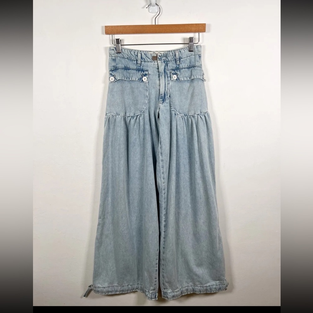 Free People Lotus Jeans 24 Light Blue Cinch Tie Ankle Boho